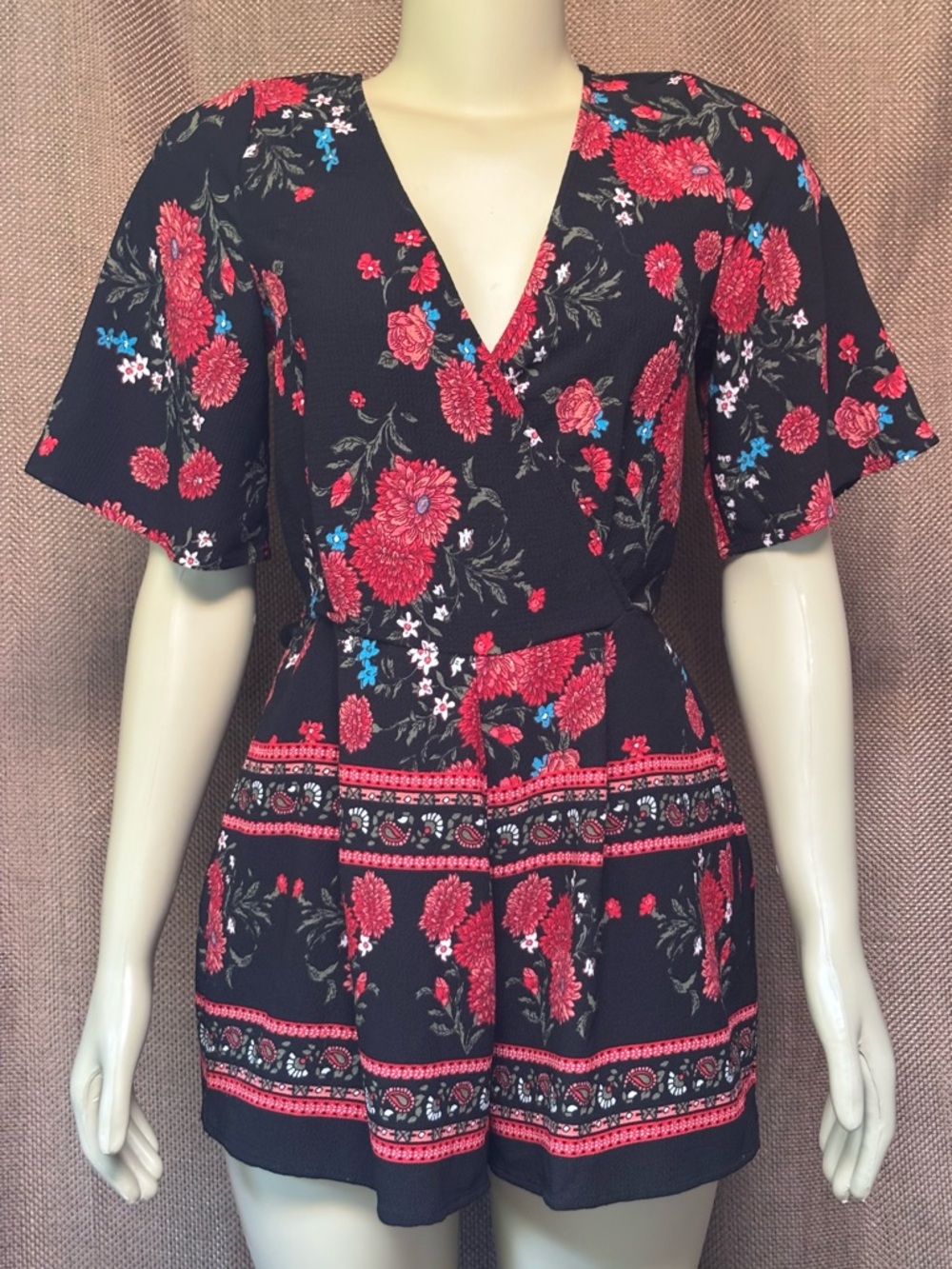 Black Floral V-Neck Romper with Red Blooms